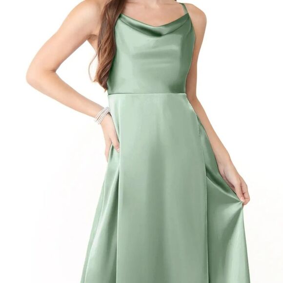 NWT Azazie Naomie Agave A-Line Cowl Neckline Side Slit Stretch Satin Dress, A14 - Picture 9 of 12